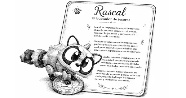 Ficha de personaje de un Paw junto a su figura
