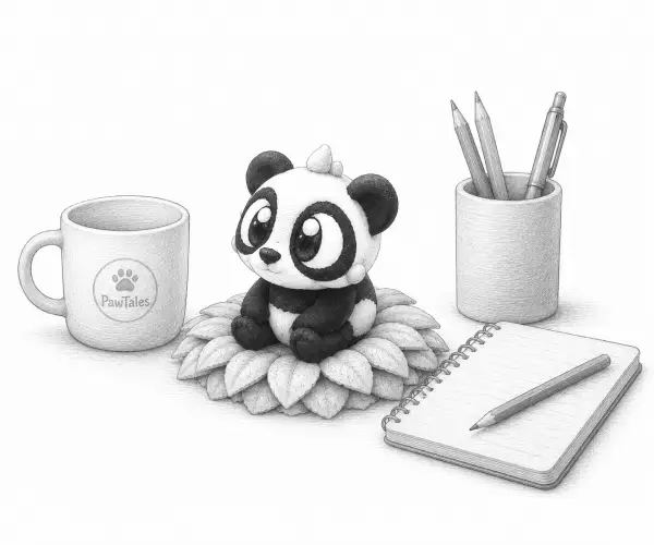 Bao sobre un escritorio, junto a una taza y un cuaderno