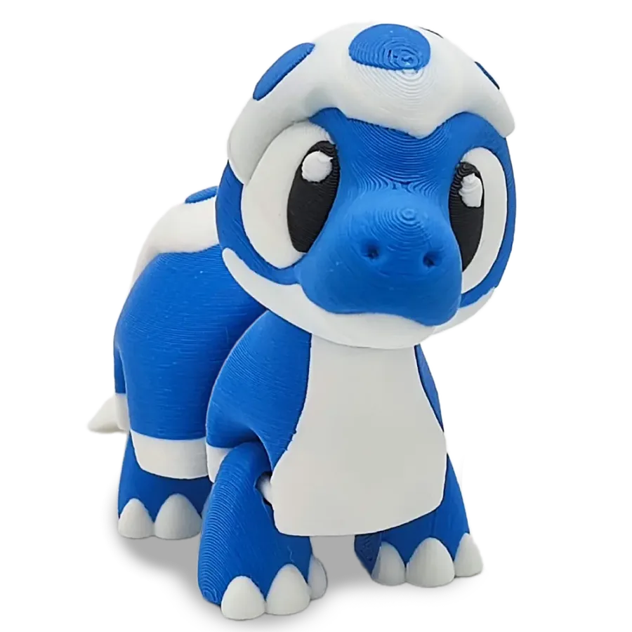 Bruno, pequeño dinosaurio articulado azul y blanco