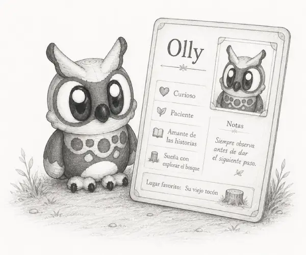 Olly junto a su ficha de personaje
