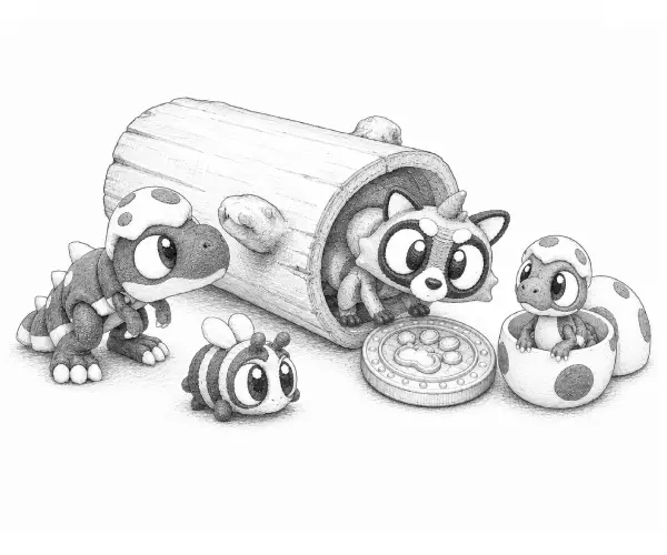 Rascal con su tronco hueco y otros personajes de PawTales