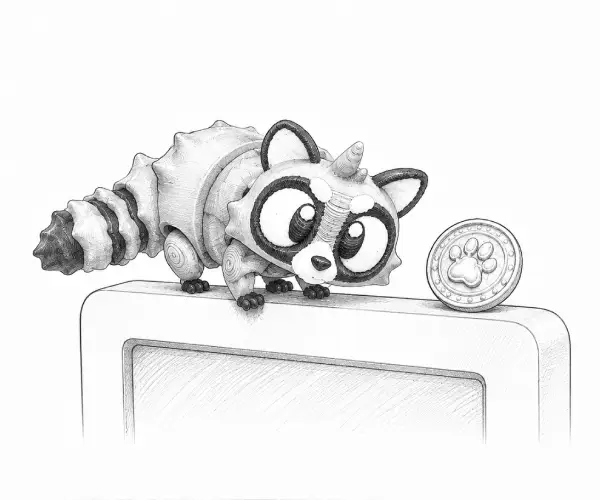 Rascal sobre un escritorio, junto a su moneda