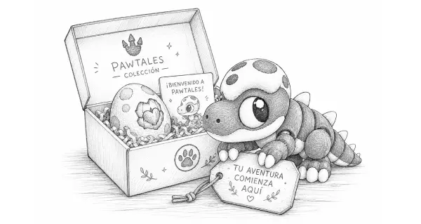 Rexy junto a su caja de colección PawTales, con su huevo y ficha de personaje