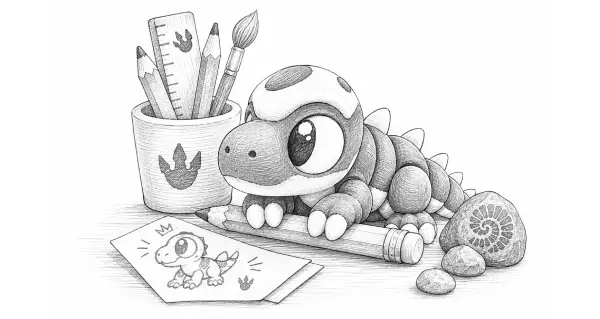 Rexy en un escritorio, junto a lápices y un dibujo suyo