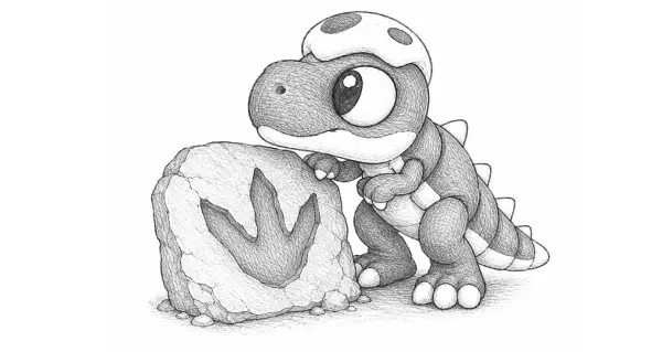 Rexy junto a una piedra con una huella de dinosaurio grabada