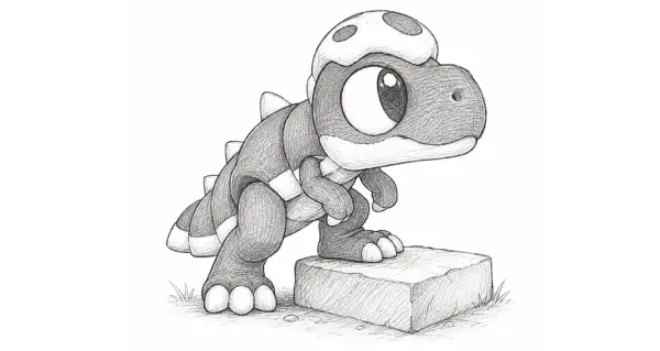Rexy subiendo a una piedra, dando su siguiente paso